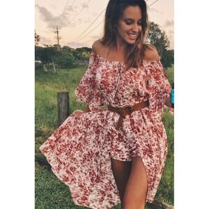 Morrisday‎ the Label Maxi Skort Dress Sz Small Red/White Floral Print Tie Neck